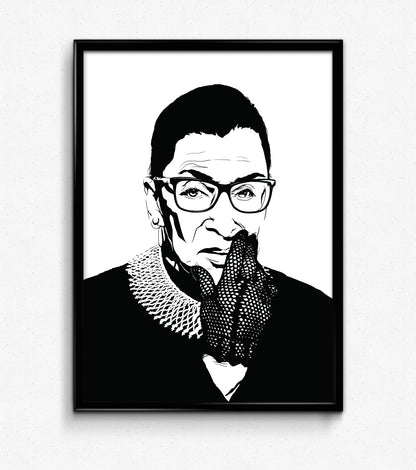 black and white digital illustration portrait of ruth bader ginsburg with lace glove framed poster