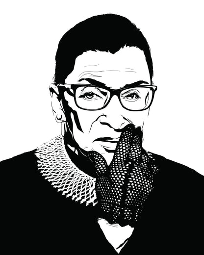 black and white digital illustration portrait of ruth bader ginsburg with lace glove