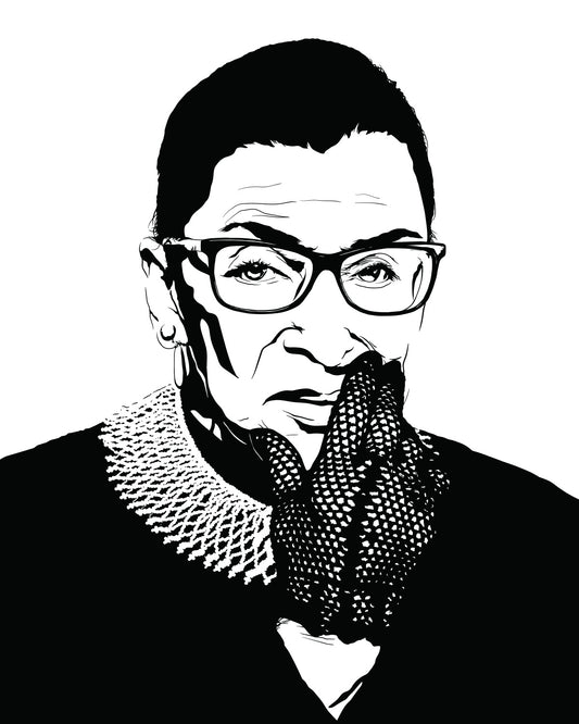 black and white digital illustration portrait of ruth bader ginsburg with lace glove