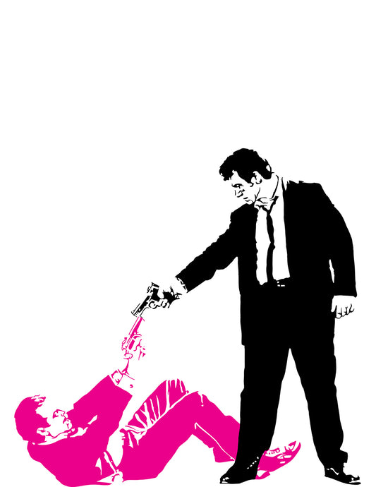 digital illustration of mr white aiming a gun at mr pink from reservoir dogs, mr white in black and white and mr pink colored entirely pink