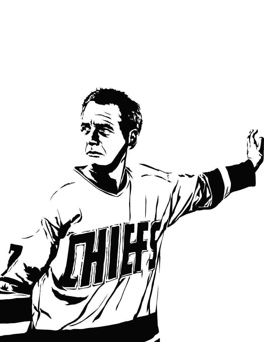 black and white digital illustration of paul newman as reggie dunlop in slap shot wearing charlestown chiefs jersey