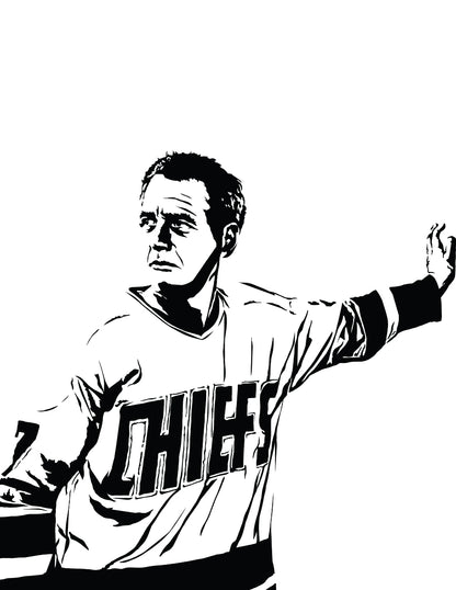 black and white digital illustration of paul newman as reggie dunlop in slap shot wearing charlestown chiefs jersey