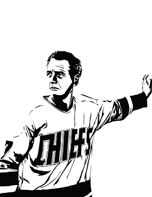 black and white digital illustration of paul newman as reggie dunlop in slap shot wearing charlestown chiefs jersey