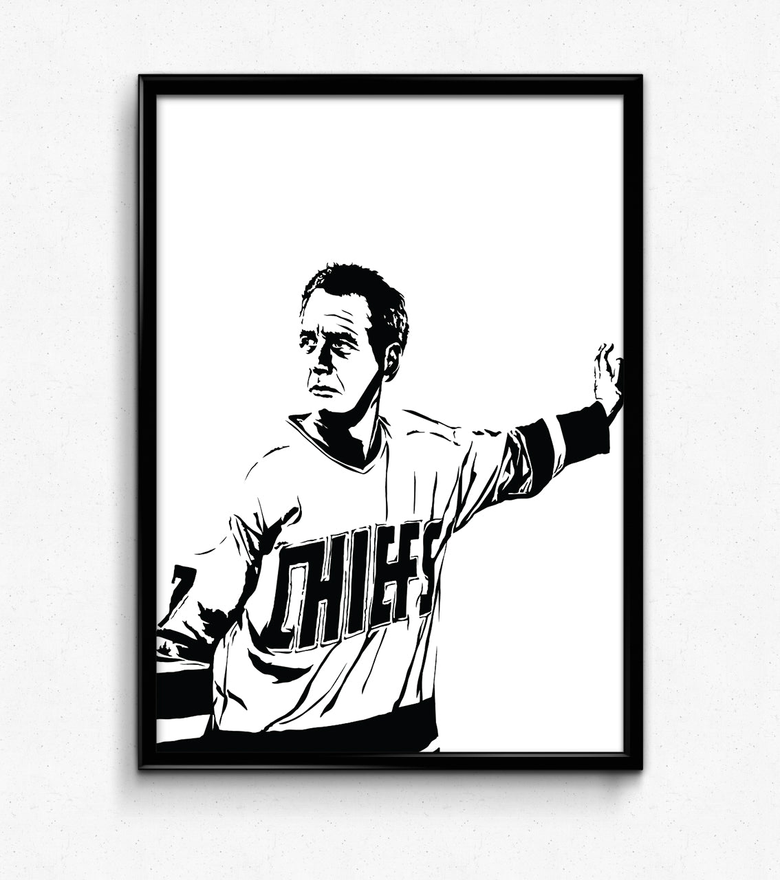 black and white digital illustration of paul newman as reggie dunlop in slap shot wearing charlestown chiefs jersey framed print