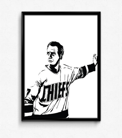 black and white digital illustration of paul newman as reggie dunlop in slap shot wearing charlestown chiefs jersey framed print