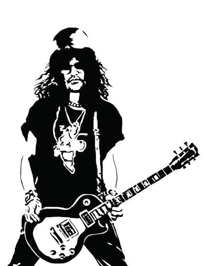 black and white digital illustration of slash from guns n' roses playing guitar