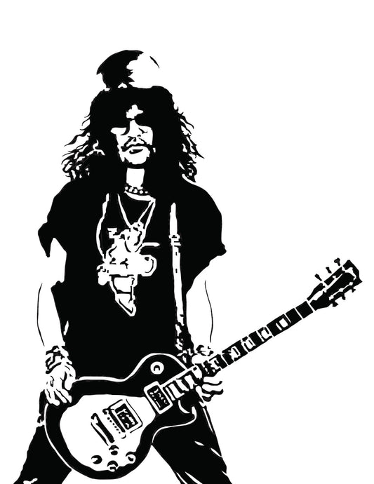 black and white digital illustration of slash from guns n' roses playing guitar