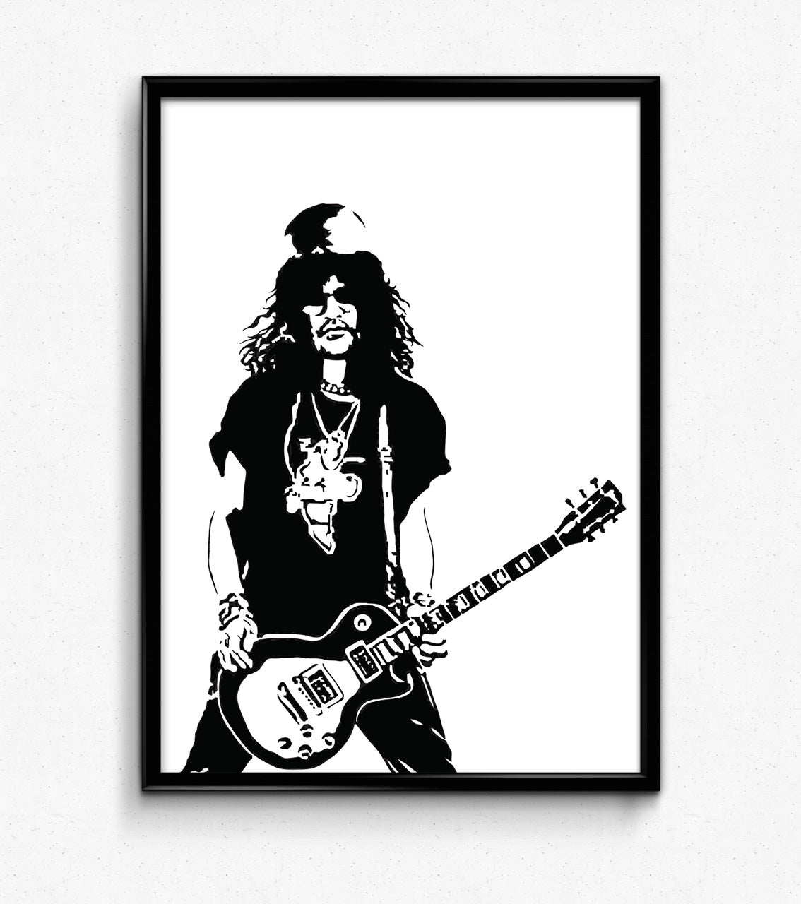 black and white digital illustration of slash from guns n' roses playing guitar framed poster