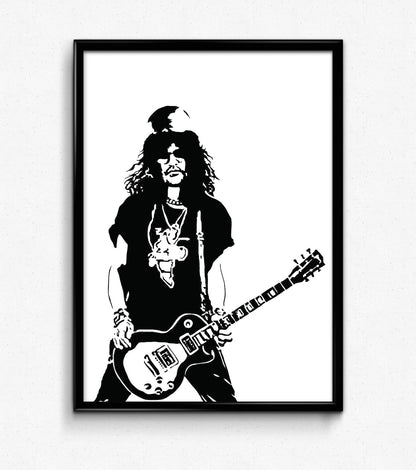 black and white digital illustration of slash from guns n' roses playing guitar framed poster