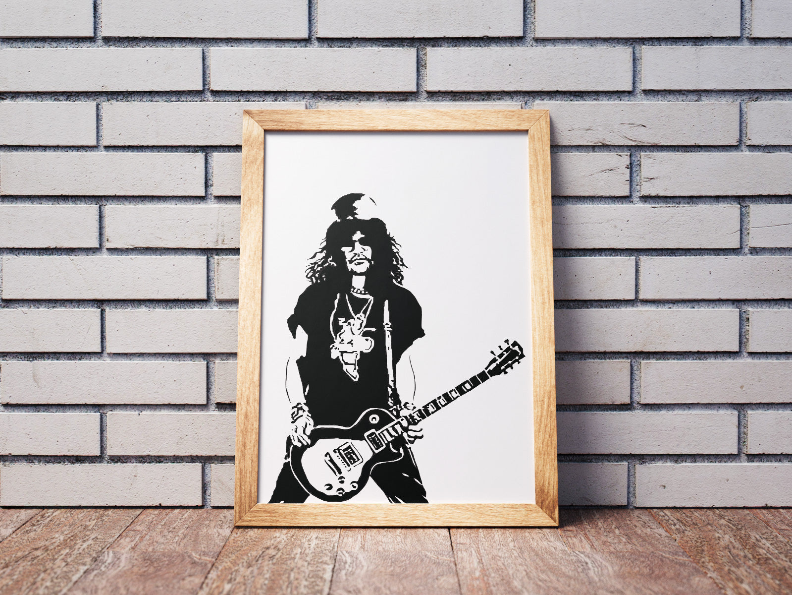 black and white digital illustration of slash from guns n' roses playing guitar framed print