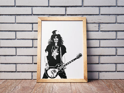 black and white digital illustration of slash from guns n' roses playing guitar framed print