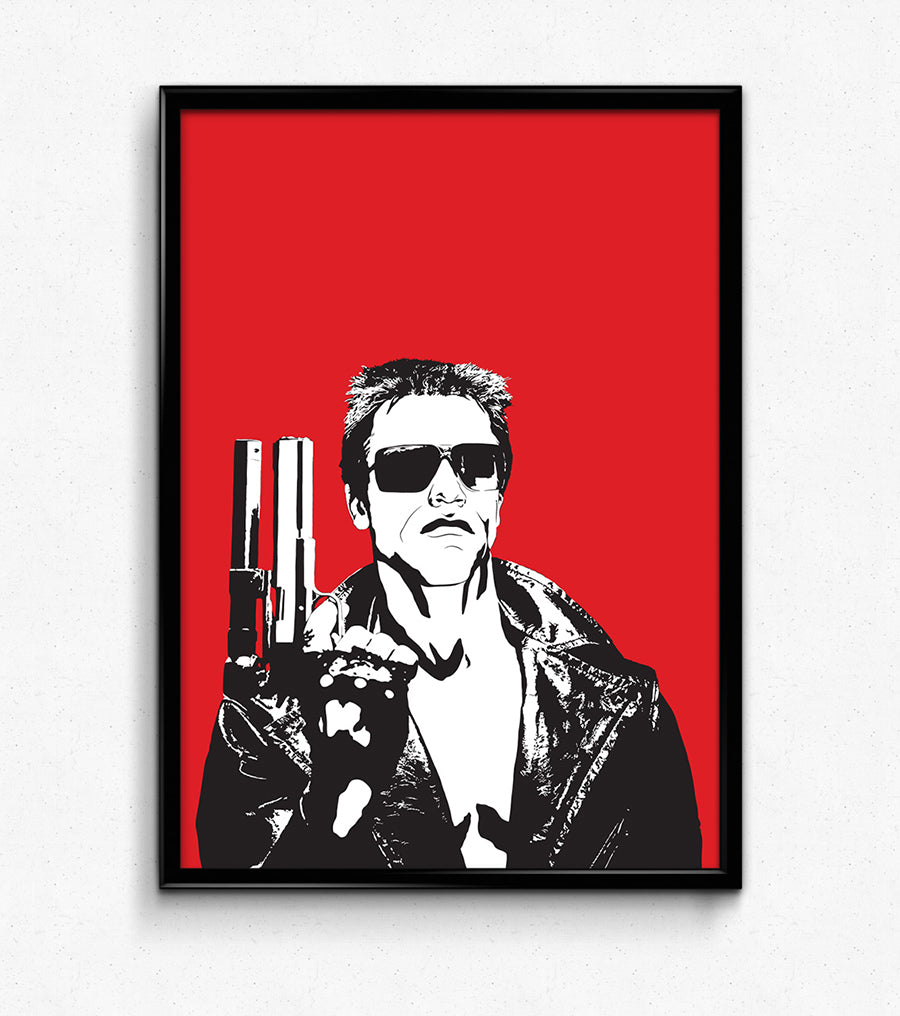 black and white digital illustration of the terminator t-800 framed poster