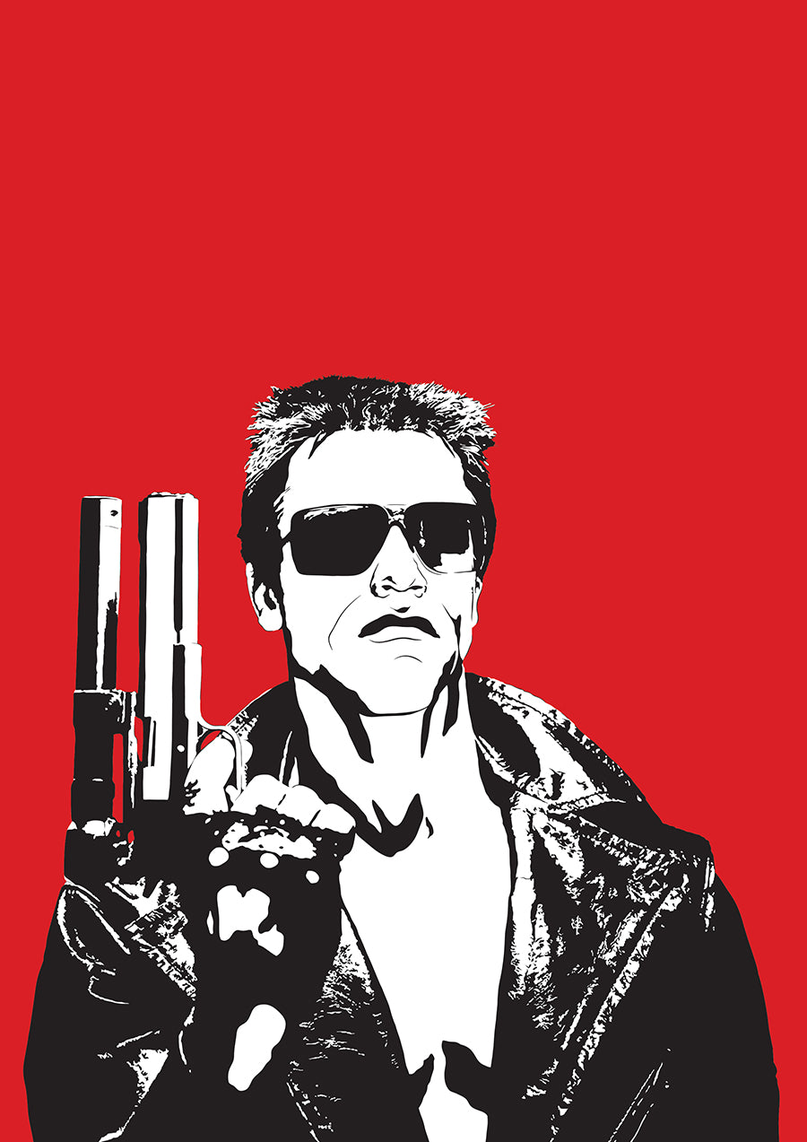 black and white digital illustration of the terminator t-800 red background