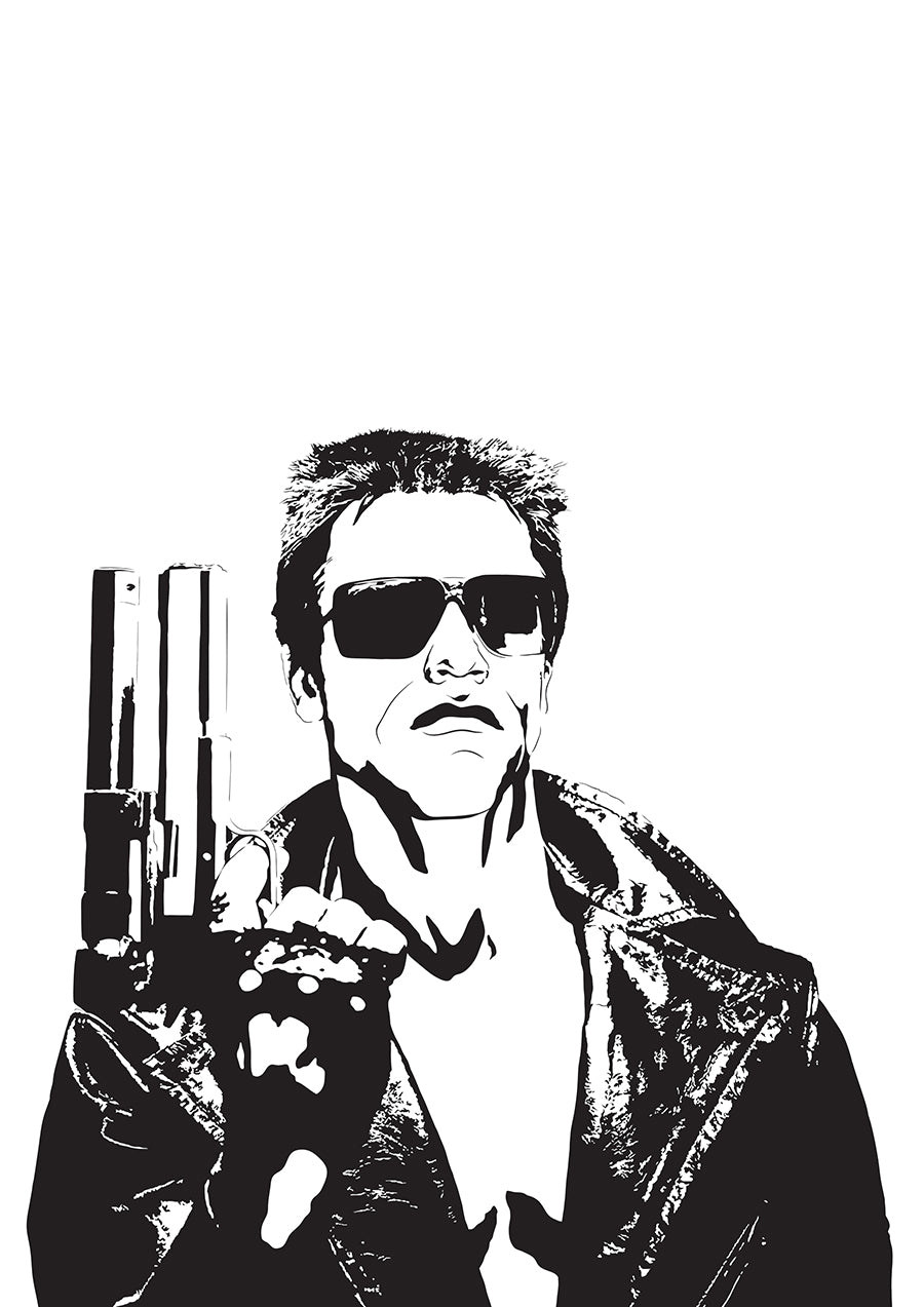 black and white digital illustration of the terminator t-800