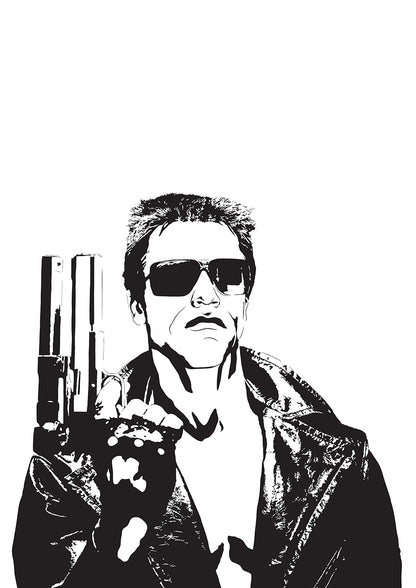 black and white digital illustration of the terminator t-800