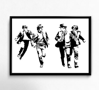 black and white digital illustration of the beatles running in a scene from a hard day's night framed print