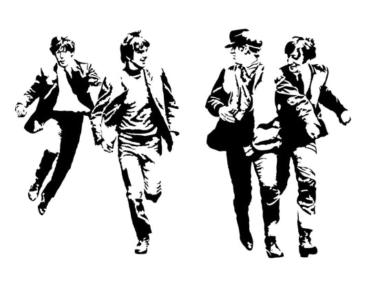 black and white digital illustration of the beatles running in a scene from a hard day's night