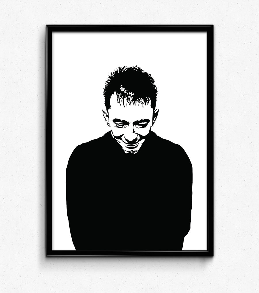 black and white digital illustration portrait of thom yorke framed print