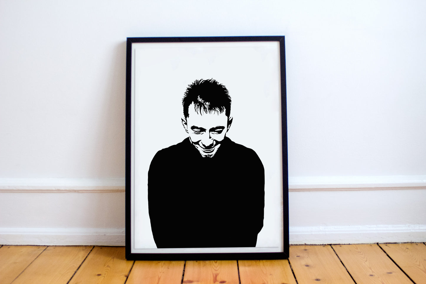 black and white digital illustration portrait of thom yorke framed poster print