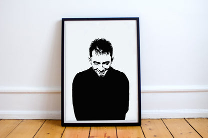 black and white digital illustration portrait of thom yorke framed poster print