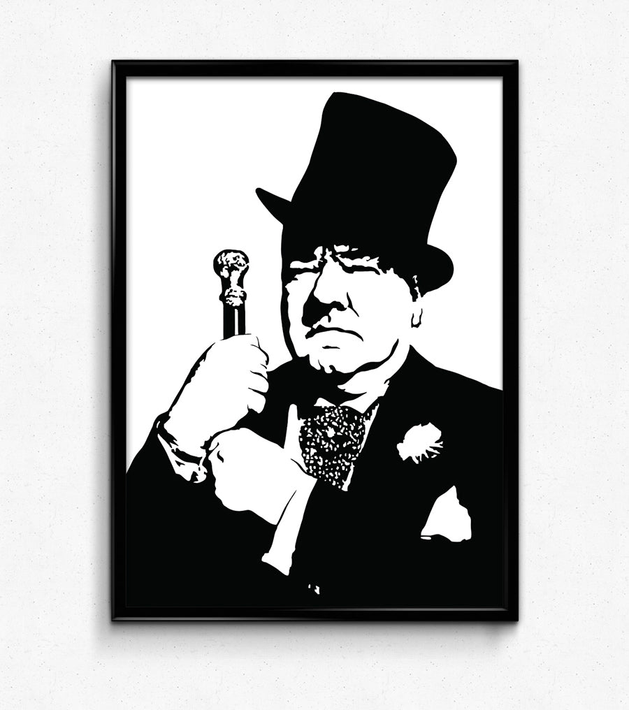 black and white digital illustration of w.c. fields wearing a top hat and holding a cane framed poster