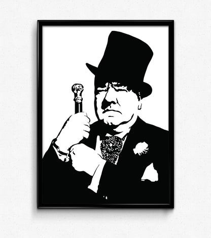 black and white digital illustration of w.c. fields wearing a top hat and holding a cane framed poster