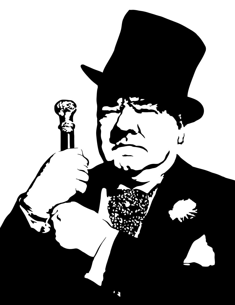 black and white digital illustration of w.c. fields wearing a top hat and holding a cane