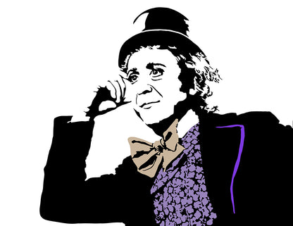 black and white digital illustration of gene wilder as willy wonka in his iconic meme expression poster