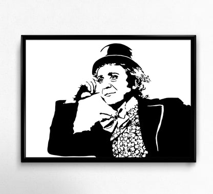 black and white digital illustration of gene wilder as willy wonka in his iconic meme expression framed print