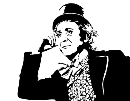black and white digital illustration of gene wilder as willy wonka in his iconic meme expression