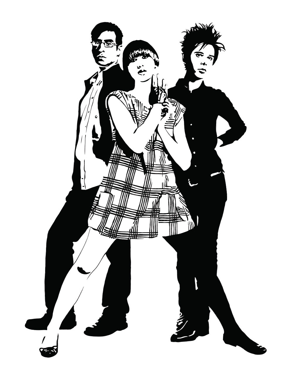 black and white digital illustration of the yeah yeah yeahs band members
