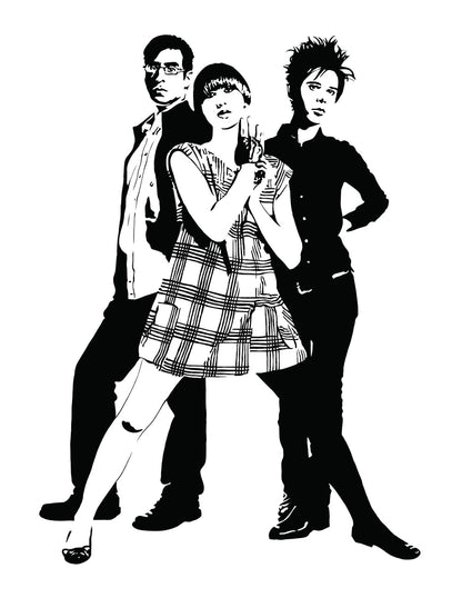black and white digital illustration of the yeah yeah yeahs band members