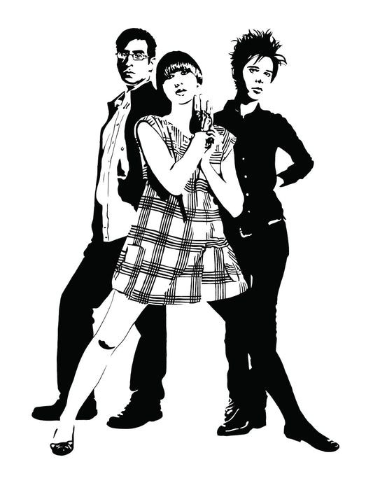 black and white digital illustration of the yeah yeah yeahs band members