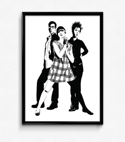 black and white digital illustration of the yeah yeah yeahs band members framed poster